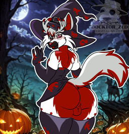 anthro backsack balls big_butt butt clothing costume femboy genitals halloween_costume hat headgear headwear holidays magic_user male male/male presenting presenting_hindquarters raised_tail small_balls solo tail thick_thighs tongue tongue_out witch witch_costume witch_hat docktor_zed halloween folfie_winter canid canine canis deer hybrid mammal wolf absurd_res hi_res