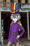 anthro bottomwear clothing feathers female gloves hand_on_hip handwear hat headgear headwear jacket looking_at_viewer melee_weapon outside pants photo_background purple_eyes solo standing sword text topwear weapon kendall_collins disney zootopia judy_hopps lagomorph leporid mammal rabbit 2016 english_text hi_res photography_(artwork) unavailable_at_source