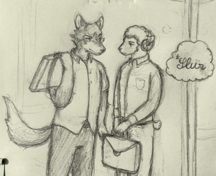 anthro bag belt bottomwear clothed clothed_anthro clothed_male clothing duo ears_back ears_up eye_contact fur holding_bag holding_object horn looking_at_another looking_at_partner male male/male pants pivoted_ears shirt speech_bubble tail text thinking thought_bubble topwear wool_(fur) reynard_goodfellow reynard_the_baa bovid canid canine canis caprine mammal sheep wolf hi_res monochrome sketch