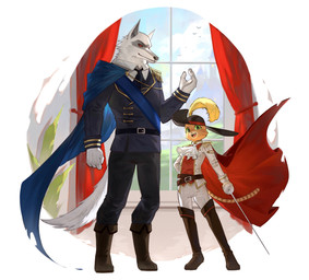 alternate_universe alternative_fashion anthro belt black_clothing black_suit blue_cape blue_clothing boots bottomwear cape clothing curtains day duo facial_markings fist footwear fur fuzzy green_eyes hand_on_hip hat head_markings headgear headwear holding_object holding_weapon light looking_at_viewer male markings mask_(marking) melee_weapon necktie open_mouth open_smile orange_body orange_fur pants pointy_ears pose prick_ears raised_arm rapier red_cape red_clothing red_eyes shoes size_difference smile standing suit sword tail weapon whiskers white_body white_clothing white_fur white_suit window hakiku17 dreamworks puss_in_boots_(franchise) death_(puss_in_boots) puss_in_boots_(dreamworks) canid canine canis domestic_cat felid feline felis mammal tabby_cat wolf hi_res lighting shaded