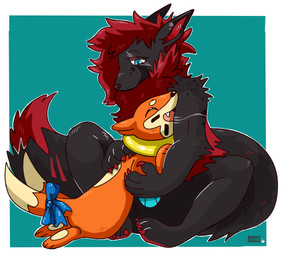 2_tails 3_toes 5_fingers accessory ambiguous_gender anthro arm_markings arm_scar arm_tuft back_markings barefoot big_tail black_body black_ears black_eyebrows black_face black_fur black_markings black_nose black_spots blue_background blue_bow blue_eyes blue_ribbon border bow_(feature) bow_accessory bow_ribbon casual_nudity cheek_tuft circle_eyebrows claws crotch_tuft cuddling cute_fangs dipstick_ears dipstick_tail duo ear_markings elbow_tuft eye_scar eyebrows eyelashes eyes_closed facial_markings facial_scar facial_tuft fangs feet female feral fingers fluffy fluffy_hair fluffy_mane fluffy_tail front_view fur fur_markings fur_tuft furgonomics glistening glistening_body glistening_eyes glistening_fur glistening_hair glistening_nose grey_body grey_ears grey_face grey_fur grey_tail hair happy head_markings hug larger_anthro larger_female leg_scar long_hair long_tail looking_at_another looking_down mane mane_hair markings monotone_hair monotone_mane multi_tail multicolored_body multicolored_ears multicolored_face multicolored_fur multicolored_markings multicolored_tail naturally_censored nude open_mouth open_smile orange_body orange_face orange_fur orange_tail paint paws pink_tongue pointy_ears prick_ears red_body red_claws red_ears red_fur red_hair red_mane red_markings red_nose red_tail ribbons scar shadow sharp_teeth shoulder_markings shoulder_tuft simple_background sitting size_difference smaller_ambiguous smaller_feral smile snout social_nudity spots spotted_arms spotted_body spotted_face spotted_fur spotted_shoulders tail tail_accessory tail_bow tail_markings tail_ribbon tail_size_difference tan_body tan_eyebrows tan_face tan_fur tan_markings tan_tail teeth thin_eyebrows toe_claws toes tongue tuft two_tone_body two_tone_face two_tone_fur two_tone_markings two_tone_tail white_border borky-draws nintendo pokemon fan_character sebastian_(flugymalugy) buizel canid generation_4_pokemon mammal pokemon_(species) 2018 digital_media_(artwork) full-length_portrait portrait signature