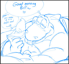 bedding blanket caressing caressing_face dialogue duo heart_symbol licking male male/male morning musical_note musical_symbol speech_bubble symbol text tongue waking_up watmeedraw aldo_(sitting_ducks) bill_(sitting_ducks) alligator alligatorid anatid anseriform avian bird crocodilian duck reptile scalie digital_drawing_(artwork) digital_media_(artwork) english_text sketch