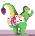 3_toes 4_fingers anthro big_butt boxers_(clothing) bulge butt claws clothed clothing feathered_crest feathers feet finger_claws fingers gesture green_body green_skin green_tail hand_gesture head_crest huge_butt leaning leaning_forward light long_tail looking_back male male_anthro motion_lines multicolored_body multicolored_skin purple_tail_tuft sharp_teeth simple_background solo sparkles striped_legs tail tail_tuft teeth text text_on_boxers text_on_clothing thick_thighs toe_claws toes toothy_smile topless topless_anthro topless_male torn_boxers tuft two_tone_body two_tone_skin two_tone_tail underwear v_sign white_boxers white_claws white_clothing white_underwear yellow_body yellow_eyes yellow_legs yellow_skin yellow_tail fondoffrogs troodon_(character) dinosaur prehistoric_species reptile scalie theropod troodon troodontid 2021 artist_name colored digital_drawing_(artwork) digital_media_(artwork) full-length_portrait hi_res lighting portrait shaded simple_shading