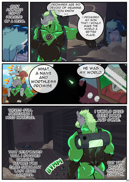 anthro anti-hero balls beard beaten belly black_clothing black_gloves black_handwear bruised butt claws clothing dialogue duo facial_hair facial_horn flaccid flashback foreskin genitals gloves green_eyes green_hair hair handwear hero horn latex male male/male musclegut muscular nipples nose_horn penis skintight_suit supersuit tail text torn_clothing villainous white_clothing white_gloves white_handwear samaraka cobalt_beast sonarceros canid canine canis mammal rhinoceros wolf absurd_res comic english_text hi_res multiple_scenes