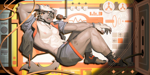 anthro band-aid bandage bottomwear cassette_tape clothing collar detailed_background electronics feet fingerless_gloves footwear furgonomic_footwear furgonomics furniture gloves handwear humanoid_feet humanoid_hands jacket jewelry laying_on_table looking_at_viewer lying male microphone necklace nipples on_side open_mouth pause_button plantigrade play_button pubes shoes shorts solo stop_button table tail teeth tongue topographic_map topwear uiokv hyena mammal absurd_res hi_res