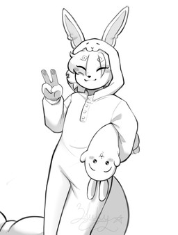 anthro clothing eyes_closed gesture hand_gesture looking_at_viewer male onesie smile solo tail v_sign bluchyccheese chiikawa bluchy usagi_(chiikawa) hi_res monochrome