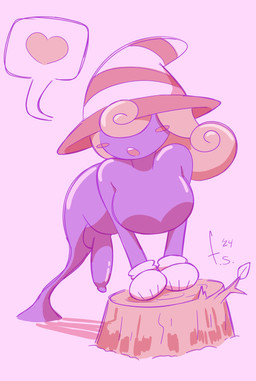 balls big_breasts big_penis blush blush_stickers breasts clothing genitals ghost_tail gloves gynomorph hair handwear hat headgear headwear heart_symbol huge_breasts intersex legless not_furry nude_gynomorph penis pink_background pink_hair plant purple_body purple_skin simple_background slightly_chubby slightly_chubby_gynomorph slightly_chubby_intersex solo speech_bubble tree tree_trunk white_clothing white_gloves white_handwear witch_hat fernal_red mario_bros nintendo paper_mario paper_mario:_the_thousand_year_door vivian_(mario) humanoid shadow_siren spirit 2024 digital_media_(artwork) hi_res signature trans_(lore) trans_woman_(lore)