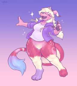 4_fingers after_transformation anthro bottomless clothed clothing eyes_closed featureless_crotch female fingerpads fingers fur hair happy hoodie horn on_one_leg pawpads pink_body pink_fur purple_background purple_clothing purple_hoodie purple_topwear red_body red_fur shirt simple_background smile solo standing tail topwear white_clothing white_hair white_shirt white_topwear keffotin mythology paperlanty dragon furred_dragon furred_scalie mythological_creature mythological_scalie scalie 2020 hi_res