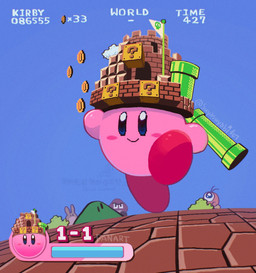 ?_block ambiguous_gender biped blue_eyes blush blush_stickers closed_smile coin detailed_background flagpole gameplay_mechanics gui health_bar mouth_closed pink_body pixelated red_body smile solo style_emulation text warp_pipe wearing_hat suyasuyabi427 kirby_(series) mario_bros nintendo super_mario_bros._(nes) kirby goomba polof waddle_doo waddling_head 2026 crossover digital_drawing_(artwork) digital_media_(artwork) english_text signature watermark