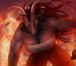 anthro big_breasts black_body black_fur breasts chest_wraps cleavage clothed clothing female fire fur hair holidays horn long_hair looking_at_viewer muscular muscular_anthro muscular_female solo topwear wraps corrsk halloween bovid caprine goat mammal digital_media_(artwork) hi_res