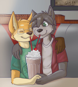 beverage black_nose brown_nose cheek_tuft cherry clothed clothing collared_shirt container cup dairy_products detailed_background diner dress_shirt drinking_glass drinking_straw duo eyes_closed eyewear facial_tuft food fruit glass glass_container glass_cup glasses gloves_(marking) green_eyes hand_holding happy head_tuft hug inner_ear_fluff male male/male markings milkshake open_clothing open_shirt open_topwear painting_(object) plant print_clothing print_shirt print_t-shirt print_topwear red_clothing red_shirt red_topwear restaurant romantic romantic_couple shake shirt t-shirt topwear tuft wall_(structure) water whipped_cream white_clothing white_shirt white_topwear wood wood_wall gemerency canid canine mammal 2023 digital_media_(artwork) hi_res signature