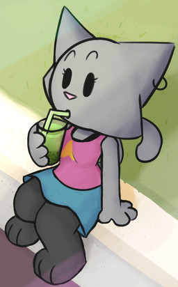 anthro beverage bottomwear bubble_tea clothing drinking ear_piercing female fur grey_body grey_fur legwear piercing simple_eyes sitting skirt solo stockings tail dewott2501 tina_(dewott2501) felid feline mammal 2024