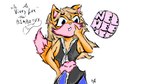 anthro bimbofication blonde_hair female fur gender_transformation gesture hair hand_gesture laugh martial_arts_uniform orange_body orange_fur pink_body pink_fur pointing pointing_at_self solo sportswear transformation andetheslayer canid canine mammal