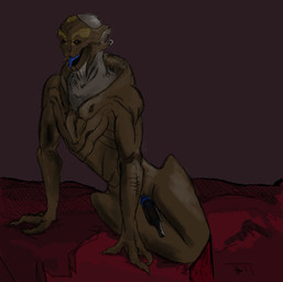 bedding beer_bottle blanket blue_tongue bottle container drunk exoskeleton female genitals mandible_piercing masturbation not_furry open_mouth piercing solo substance_intoxication tongue vulva shamelesschity bioware electronic_arts mass_effect alien humanoid turian absurd_res hi_res