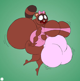 4_fingers anthro big_breasts big_bulge big_butt bottomwear bow_tie breast_jiggle breasts brown_body brown_fur bubble_butt buckteeth bulge butt butt_jiggle clothing crop_top curvy_figure detailed_bulge eyelashes facial_markings fingers fur gynomorph head_markings huge_breasts huge_bulge huge_butt hyper hyper_bulge hyper_butt intersex jiggling logo markings mask_(marking) midriff motion_lines navel open_mouth open_smile shirt skirt small_waist smile solo spherical_breasts striped_markings striped_tail stripes tail tail_markings teeth text thick_thighs topwear underwear wasp_waist wide_hips thatdawgmurray tewkey_(thatdawgmurray) canid canine mammal raccoon_dog tanuki 2025 aliasing artist_logo artist_name digital_media_(artwork) hi_res signature
