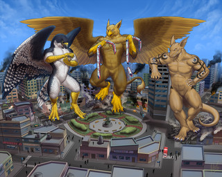 abs anthro arm_tattoo beak brown_body building building_destruction city city_background city_crushing city_destruction cityscape claws destruction extreme_size_difference feathered_wings feathers feet finger_claws fingers group landscape_dwarfing macro male muscular muscular_anthro muscular_male nude outside paws pecs public_transportation rampage size_difference sky smile stomping tail tattoo toe_claws toes trio vehicle vehicle_crash vehicle_destruction white_body wings rollwulf mythology carpo corvidius_(character) tephros avian bird dragon falcon falconid gryphon mythological_avian mythological_creature mythological_scalie scalie 5:4 hi_res