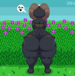 anthro bandeau big_butt black_body black_scales blue_eyes butt butt_jiggle butt_slap clothed clothing crown curled_horn disembodied_hand duo exclamation_point female flower garden grass headgear horn huge_butt huge_hips huge_thighs jiggling looking_back midriff open_mouth outside plant rear_view scales short_tail sky slap solo_focus spanking spots standing surprise tail thick_thighs tongue topwear wide_hips spinneborg elizabeth_(simmsyboy) kobold scalie 2021 animated digital_media_(artwork) full-length_portrait pixel_(artwork) pixel_animation portrait short_playtime