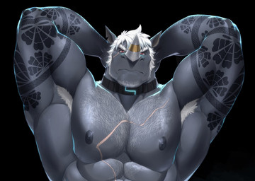 1_horn abdominal_scar abs anthro areola arm_hair arm_tattoo armpit_hair back_muscles belly_hair biceps big_muscles big_pecs black_background black_collar black_tattoo body_hair chest_hair chest_scar closed_frown collar ear_scar eyebrows facial_hair facial_horn facial_scar forearm_muscles front_view frown gold_(metal) gold_jewelry grey_areola grey_body grey_nipples hair hands_behind_head horn horn_jewelry jewelry looking_at_viewer male mouth_closed muscular muscular_anthro muscular_arms muscular_male nipples nose_horn pecs red_eyes scar serious_face short_hair sideburns simple_background solo stubble tattoo thick_arms triceps white_armpit_hair white_eyebrows white_facial_hair white_hair white_horn purtropos remember_the_flowers king_(remember_the_flowers) mammal rhinoceros 2025 digital_media_(artwork) hi_res
