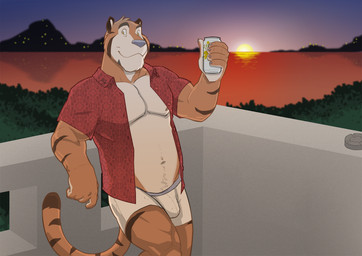 alcohol anthro ashtray balcony beverage biceps big_muscles black_body black_fur blue_nose bulge clothed clothing countershading food fur looking_at_viewer male mascot muscular muscular_anthro muscular_male nipples open_clothing open_shirt open_topwear orange_body orange_fur outside pecs sea shirt sky solo stripes sunset tail topwear water white_body white_fur superslickslasher frosted_flakes kellogg's tony_the_tiger felid mammal pantherine tiger