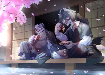 anthro asian_clothing belly blush bottomwear bulge cherry_blossom cherry_blossom_tree cherry_tree claws clothed clothing dango_(food) dessert duo east_asian_clothing eating eating_food feet fingers flower food fruit_tree fundoshi fur hair holding_object japanese_clothing kemono kimono male markings open_mouth outside overweight overweight_male pants plant prunus_(flower) smile striped_body striped_fur stripes sushi tail teeth toe_claws toes tongue tongue_out topwear tree underwear water white_body white_fur tem1tem the_demon_jack vlad_liskevich canid canine canis domestic_cat felid feline felis hybrid mammal pantherine tiger wolf absurd_res digital_media_(artwork) hi_res