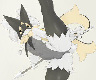 anthro balancing black_sclera bulge clothing dog_tags femboy flexible leotard male melee_weapon on_one_leg polearm simple_background solo spear standing tight_clothing weapon yellow_eyes shay_the_one nintendo pokemon clover_(shay_the_one) generation_9_pokemon meowscarada pokemon_(species) hi_res