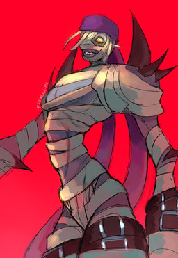 bandage belt grin humanoid_pointy_ears kerchief male mummy_wrappings nipples pecs pointy_ears slim small_waist smile solo pirruwan bandai_namco digimon digimon_(species) humanoid mummymon absurd_res hi_res
