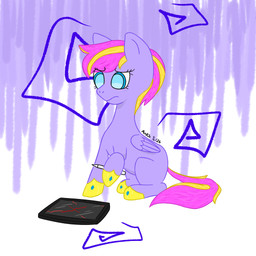 4_legs ankh_artist blue_eyes broken_glass female glass hair mane multicolored_hair purple_body safety_pin sitting solo spiral tablet trona_heaven two_tone_hair wings worried hasbro my_little_pony mythology equid equine horse mammal mythological_creature mythological_equine pegasus pony 1:1 2026 absurd_res hi_res