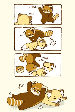 biped black_eyes black_nose brown_body chibi dot_eyes duo eyes_closed feral jumping simple_eyes text shi_nominmin ailurid canid canine fox mammal red_panda 2024 comic hi_res japanese_text