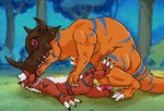 anthro bodily_fluids claws cum cum_while_penetrated duo ejaculation feral feral_on_feral genital_fluids horn hunched_over licking lying male male/male on_back penetration pinned size_difference tongue tongue_out charcoal_inpachi bandai_namco digimon digimon_(species) dinosaur greymon growlmon prehistoric_species reptile scalie hi_res