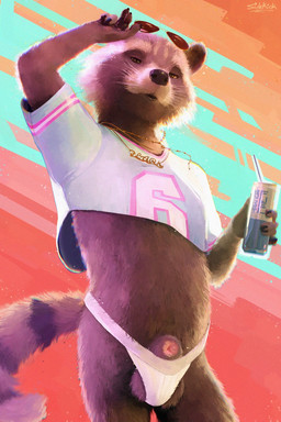 animal_genitalia anthro balls beverage beverage_can brown_body brown_fur can clothed clothing container crop_top eyewear fully_sheathed fur genitals holding_can holding_container holding_eyewear holding_object holding_sunglasses jewelry jockstrap looking_at_viewer male midriff navel necklace sheath shirt solo standing sunglasses tail topwear underwear sidekick grand_theft_auto grand_theft_auto_vi gta_vi_cover_girl guardians_of_the_galaxy marvel rockstar_games rocket_raccoon mammal procyonid raccoon digital_media_(artwork) hi_res