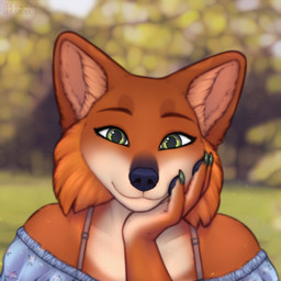 anthro black_nose black_pawpads blue_clothing blue_topwear blurred_background brown_eyebrows cheek_tuft claws clothing day eyebrows facial_tuft female front_view fur green_claws green_eyes head_on_hand inner_ear_fluff looking_at_viewer orange_body orange_fur outside pawpads plant smile solo tan_body tan_fur topwear tree tuft varness-crowe canid canine canis mammal red_wolf wolf 1:1 colored digital_drawing_(artwork) digital_media_(artwork) hi_res shaded