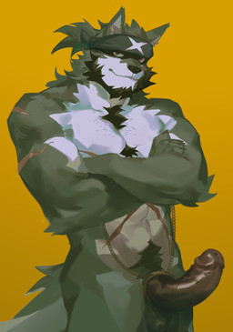 anthro balls beard crossed_arms erection facial_hair fur genitals glans humanoid_genitalia humanoid_penis kerchief looking_at_viewer male male_anthro nude penis pubes scar simple_background solo standing fishu11 anothereidos_of_dragon_vein_r full_house_(anothereidos_r) canid canine mammal digital_drawing_(artwork) digital_media_(artwork) hi_res portrait