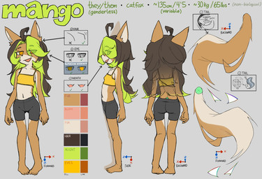 ambiguous_gender anthro bottomwear clothing countershading green_highlights hair hair_over_eye highlights_(coloring) long_hair non-euclidean_geometry open_mouth shorts smile solo spandex spandex_shorts spiral spiral_eyes standing tail text tight_bottomwear tight_clothing tight_shorts catofinterest mango_(catofinterest) canid canine domestic_cat felid feline felis fox hybrid mammal 2026 english_text hi_res model_sheet nonbinary_(lore)