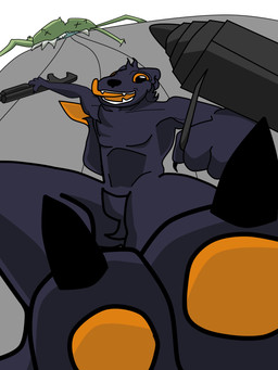 ambiguous_gender anthro black_body black_fur corpse cracked_fangs dipstick_tail drill duo fangs feral fur green_body gun happy holding_object male male/ambiguous markings paws ranged_weapon shotgun sliding tail tail_markings teeth tongue tongue_out torn_leg weapon toiletdestroyer casualties:_unknown alien canid canine elder_thornback_(casualities:_unknown) expie_(gunsawian) gunsawian mammal 3:4 hi_res