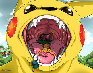 ambiguous_gender anthro backpack bodily_fluids body_in_mouth bottomwear brown_eyes clothed clothing drooling duo electricity fangs feral fur gaping_mouth macro male mouth_shot open_mouth oral_vore orange_body orange_fur palate pants plant saliva sharp_teeth size_difference teeth throat tongue tree uvula vore water waterfall yellow_body yellow_fur s2-freak nintendo pokemon generation_1_pokemon mammal pikachu pokemon_(species) raichu rodent 2014 colored hi_res