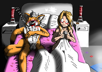 anthro balls bed blonde_hair blush breasts condom_wrapper dessert doughnut drunk duo ear_piercing eyes_closed female female_on_anthro food fur furniture genitals hair human_on_anthro interspecies lying male male/female male_on_human muscular nude on_back open_mouth pastry piercing scar simple_background sleeping snoring substance_intoxication xxtheoneguyxx metroid nintendo star_fox fox_mccloud samus_aran canid canine fox human mammal 2016 crossover