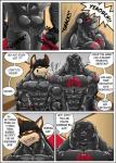 anthro canid canine canis clothing comic dialogue duo english_text felid hi_res jackal latex lion male male/male mammal mind_control muscular muscular_male obsidian_(rubberbuns) pantherine pecs rubberbuns speech_bubble text wildfire_(rubberbuns) wolf
