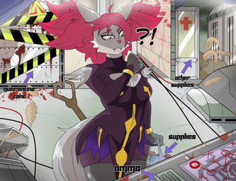 anthro barricade_tape blood blood_on_ground blood_splatter bodily_fluids clothing detailed_background female fur grey_body grey_fur hair hazard_stripes map orange_eyes red_hair solo stick text slasheramaya nintendo pokemon deatrix_the_delphox canid canine delphox generation_6_pokemon mammal pokemon_(species) shiny_pokemon 2021 absurd_res english_text hi_res