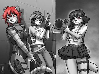 alternate_species anthro bodysuit bottomwear breasts clothing duo female fur furrification gun hair handgun pistol ranged_weapon rocket_launcher shirt skinsuit skirt striped_body striped_fur stripes tank_top tight_clothing topwear weapon heresy_(artist) capcom devil_may_cry dino_crisis resident_evil lady_(devil_may_cry) rebecca_chambers regina_(dino_crisis) beagle bird_dog canid canine canis cocker_spaniel domestic_cat domestic_dog felid feline felis hunting_dog mammal scent_hound spaniel 2025 4:3 black_and_white_and_red