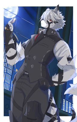 anthro clock clothing detailed_background eye_patch eyewear fingerless_gloves fur gloves handwear light male moon moonlight pouch_(clothing) red_eyes ring solo suit suit_jacket tail watch white_body white_fur window mametunu mihoyo zenless_zone_zero von_lycaon canid canine canis mammal wolf 2024 absurd_res digital_drawing_(artwork) digital_media_(artwork) hi_res