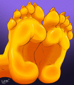 5_toes anthro big_feet feet foot_fetish foot_focus huge_feet only_feet purple_background simple_background toes yellow_feet kattman hi_res