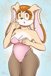 anthro big_ears breasts brown_eyes bunny_costume clothing costume countershading eyeshadow female fishnet_clothing floral_background hair makeup orange_hair simple_background solo tan_body sspore sega sonic_the_hedgehog_(series) vanilla_the_rabbit lagomorph leporid mammal rabbit hi_res