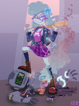 accessory alternative_fashion anthro anti-ai baseball_bat bat_(object) beaded_bracelet beaded_jewelry beads belt bone boots bottomwear bow_ribbon bracelet braces chain_jewelry clothing collar cracked_glass curly_hair destroyed destruction detailed_background electricity eyewear falling_apart female footwear glasses hair hair_accessory hair_bow hair_ribbon hairclip jacket jewelry knee_highs knee_socks leather leather_clothing leather_jacket leather_topwear legwear lgbt_pride looking_at_viewer machine makeup oil patch_(fabric) pattern_bottomwear pattern_clothing pattern_skirt plaid plaid_bottomwear plaid_clothing plaid_skirt pride_colors punk ribbons robot_gore safety_pin shirt shoes skinny skirt smile smoke socks solo standing_on_head tank_top topwear wire x_eyes stargal_galexi chloe_couture canid canine canis domestic_dog humanoid mammal poodle robot robot_humanoid 3:4 absurd_res full-length_portrait hi_res portrait