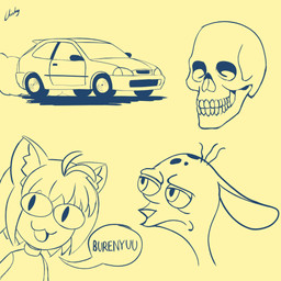 anthro bone car clothing dialogue duo ears_down ears_up hair looking_at_viewer open_mouth pivoted_ears shirt skull speech_bubble text tongue topwear vehicle chisheq nickelodeon ren_and_stimpy tsukihime type-moon neco-arc ren_höek 1:1 monochrome sketch