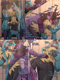 anthro areola bathroom big_breasts big_butt black_body blue_body blue_eyes blush bodily_fluids breasts butt cum cum_drip cum_in_vagina cum_inside cumshot dialogue dripping duo ejaculation erection female female_penetrated from_behind_position fur genital_fluids genitals hair horn impregnation_risk kissing male male/female male_penetrating male_penetrating_female nipples nude penetration penile penile_penetration penis penis_in_vagina sex standing standing_doggystyle standing_sex text thick_thighs vaginal vaginal_penetration vulva wide_hips yellow_body japy7u7 nintendo pokemon pokemon_legends_z-a fan_character canid canine deer generation_9_pokemon mammal mega_evolution mega_lucario_z pokemon_(species) 3:4 absurd_res comic english_text hi_res