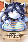 anthro areola big_breasts black_hair black_sclera blush breast_rest breasts clothing collar female fur hair heart_eyes heart_symbol looking_at_viewer nipples public_use shirt smile solo tight_clothing tight_shirt tight_topwear topwear white_body white_fur chobonolly undertale undertale_(series) temmie_(undertale) canid canine felid feline mammal tem 2021 2:3 hi_res