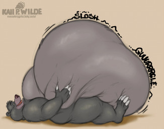anthro belly belly_grab big_belly claws fangs fur gurgle_(sound_effect) half-closed_eyes huge_belly hyper hyper_belly immobile lying male morbidly_obese morbidly_obese_anthro morbidly_obese_male narrowed_eyes nude obese obese_anthro obese_male on_back open_mouth overweight overweight_anthro overweight_male rumbling_stomach side_view slosh sloshing_belly solo sound_effects teeth text husky2paws the_jungle_book baloo bear mammal 2026 absurd_res hi_res signature