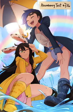 black_hair blue_hair clean_diaper clothed clothing coat diaper duo hair rainboots rainbow raincoat splash topwear umbrella water wearing_diaper merunyaa ryhn lagomorph leporid mammal rabbit 2018 hi_res