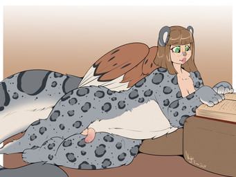 balls book breasts brown_background brown_hair busty_feral claws eyewear feathered_wings feathers feral flaccid genitals glasses green_eyes gynomorph hair humanoid_genitalia humanoid_penis intersex navel penis reading reading_book round_glasses simple_background smile solo tail wings nightfaux mythology delilah_(nwazet) felid humanoid mammal mythological_creature mythological_sphinx pantherine snow_leopard 2024 digital_media_(artwork) hi_res