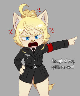 accessory ahoge angry anthro barely_visible_genitalia barely_visible_vulva belt blonde_hair blue_eyes bottomless bottomless_female butt butt_from_the_front button_(fastener) claws clothed clothing collared_shirt cute_fangs dialogue dress_shirt fangs female frown furrowed_eyebrows genitals gesture hair hand_gesture inner_ear_fluff loli looking_at_viewer nazi nazi_uniform necktie pockets pointing ponytail pussy_peek shirt solo swastika teeth thick_thighs topwear tuft uvula vulva young e254e the_saga_of_tanya_the_evil youjo_senki tanya_von_degurechaff canid canine canis domestic_dog mammal absurd_res hi_res